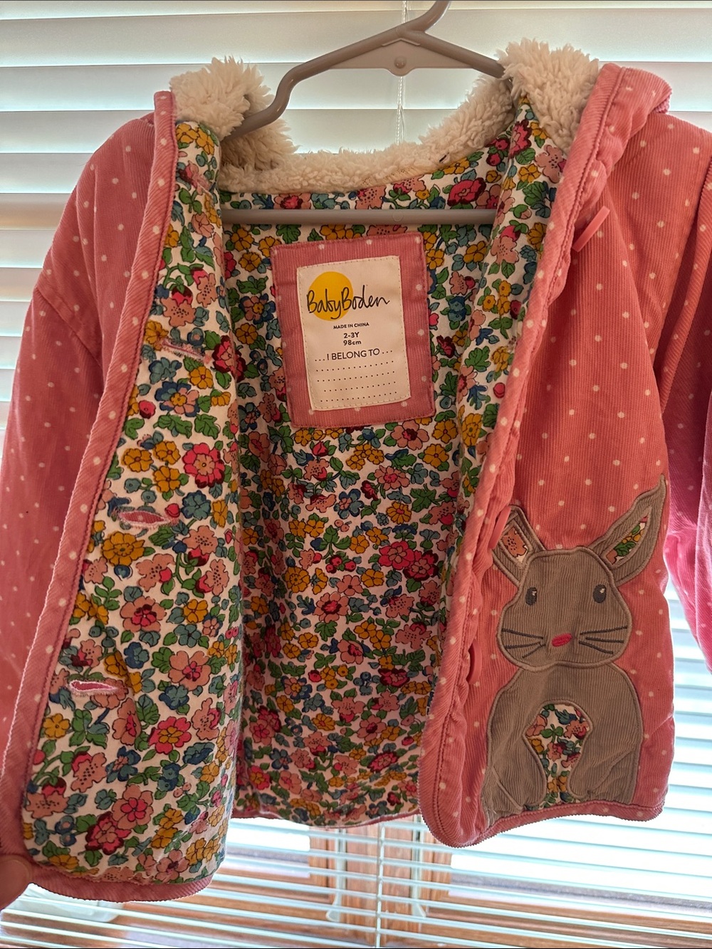 Baby Boden Coral Pink Polka Dot Bunny Hooded Puffer Coat